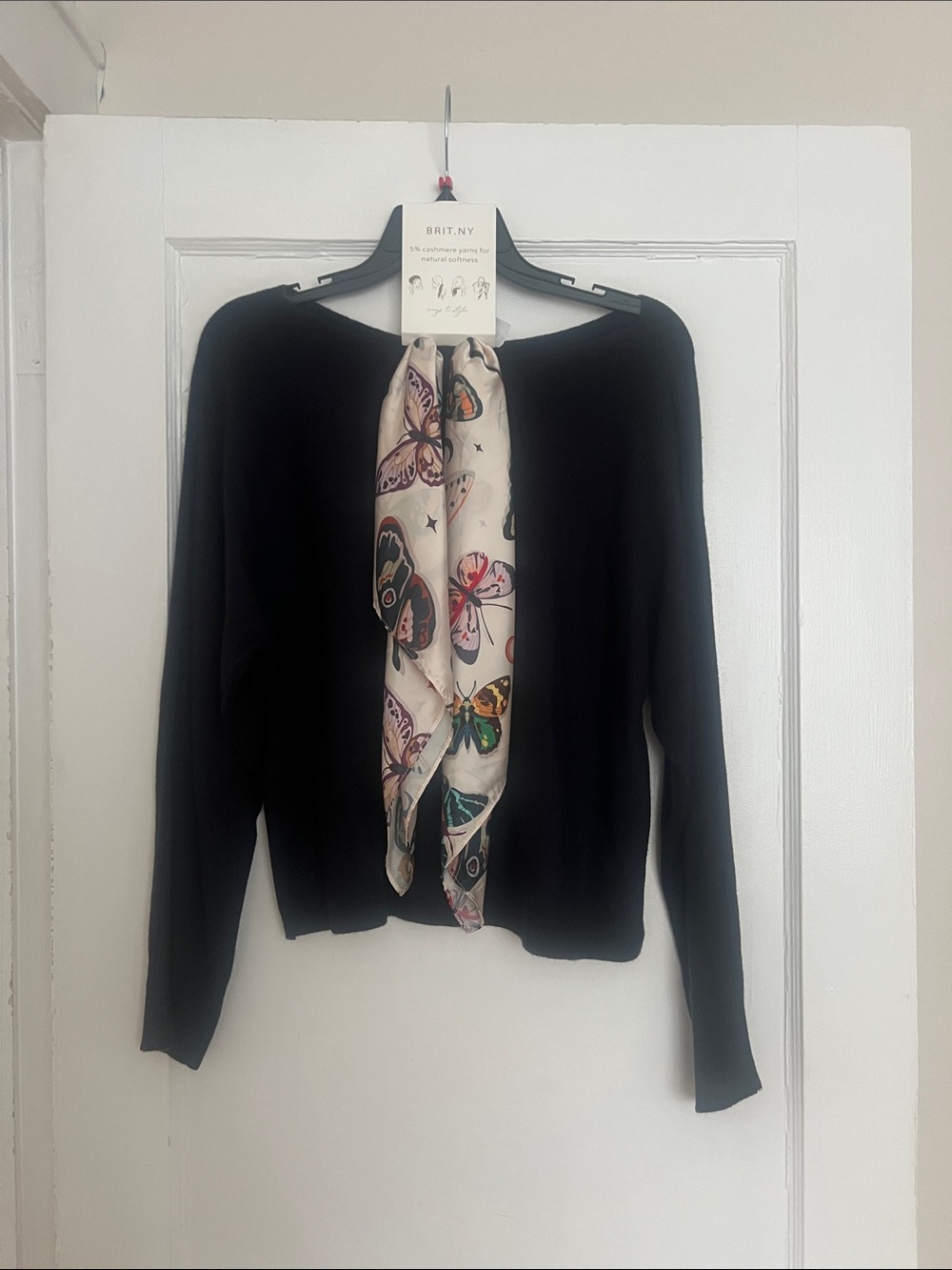 Black Long-Sleeve Knit Blouse with Butterfly Scarf